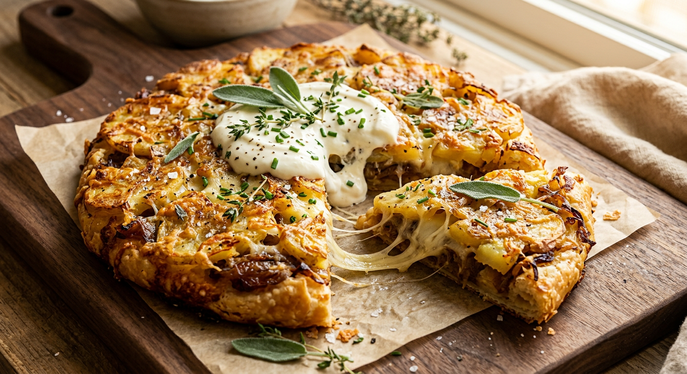 Smashed Potato Galette with Gruyère, Caramelized Onion & Crème Fraîche