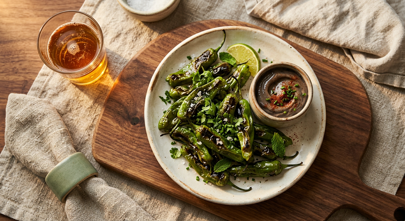 Charred Shishito Peppers with Black Garlic Aioli