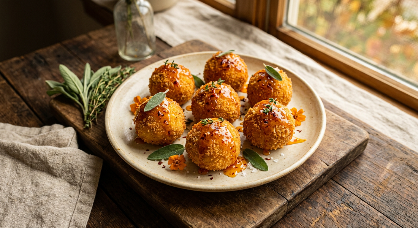 Crispy Saffron Arancini with Calabrian Chili Honey