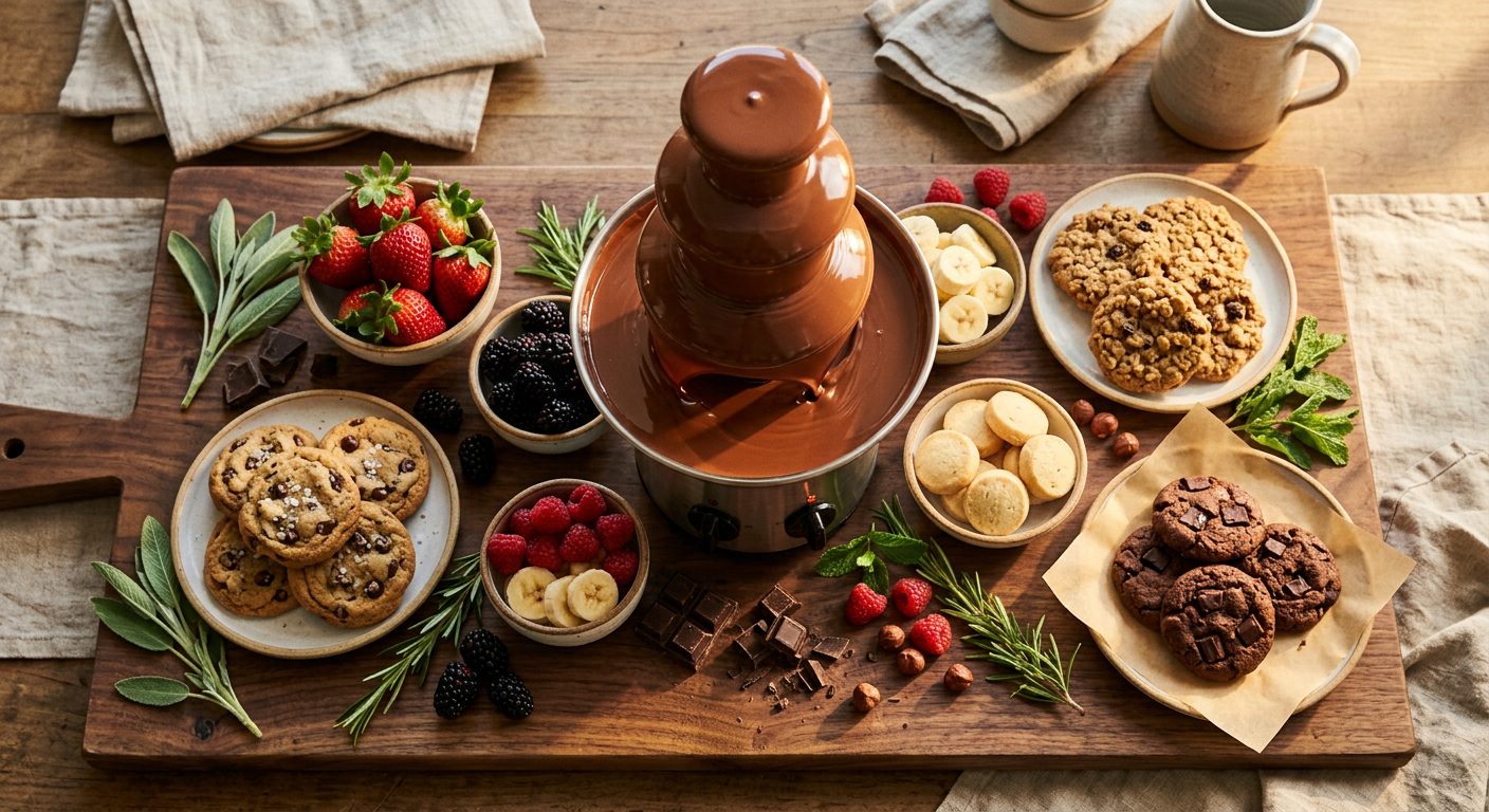 Chocolate Fountain with Fruit and Cookies