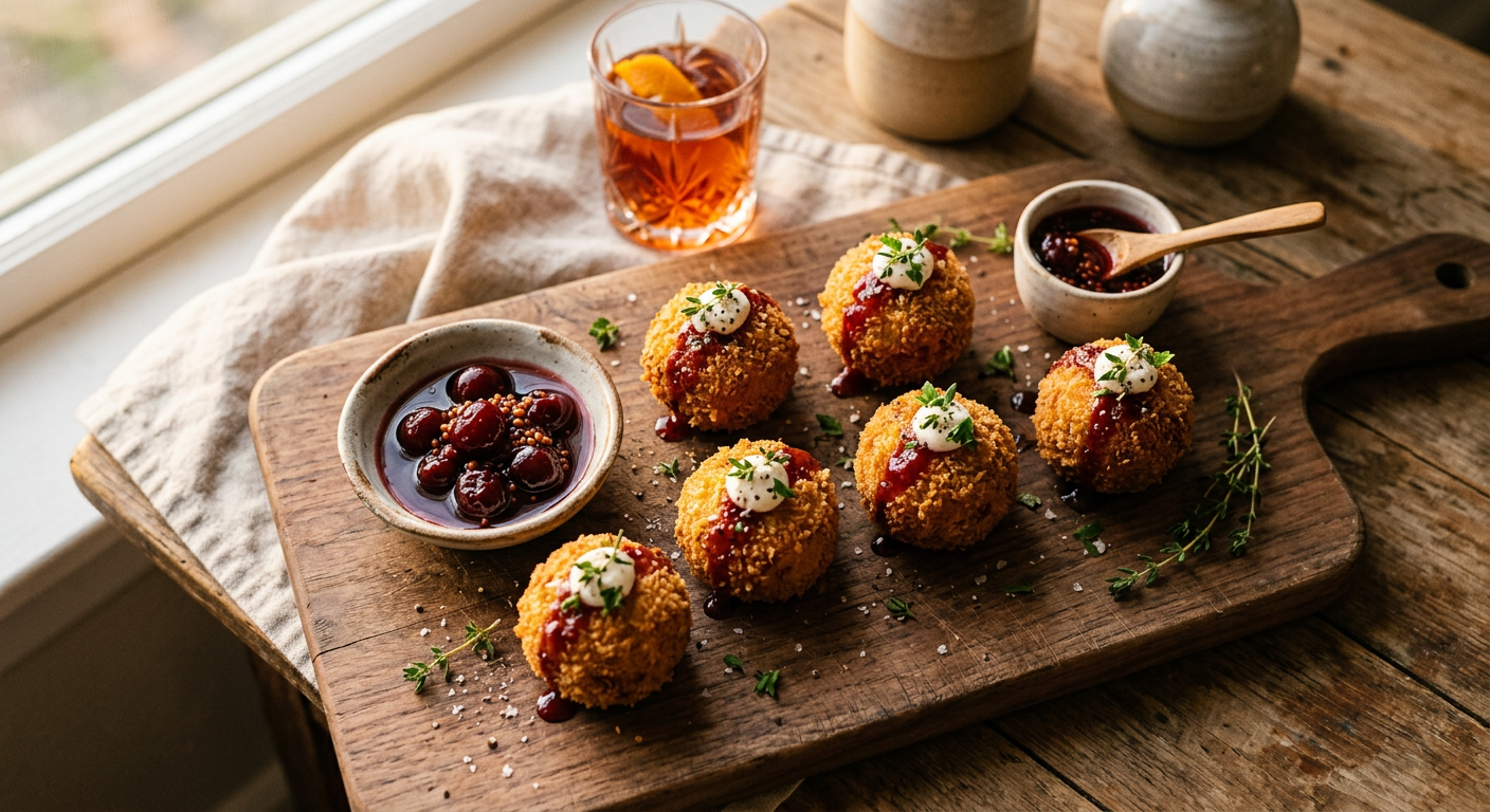 Duck Confit Croquettes with Sour Cherry Mostarda