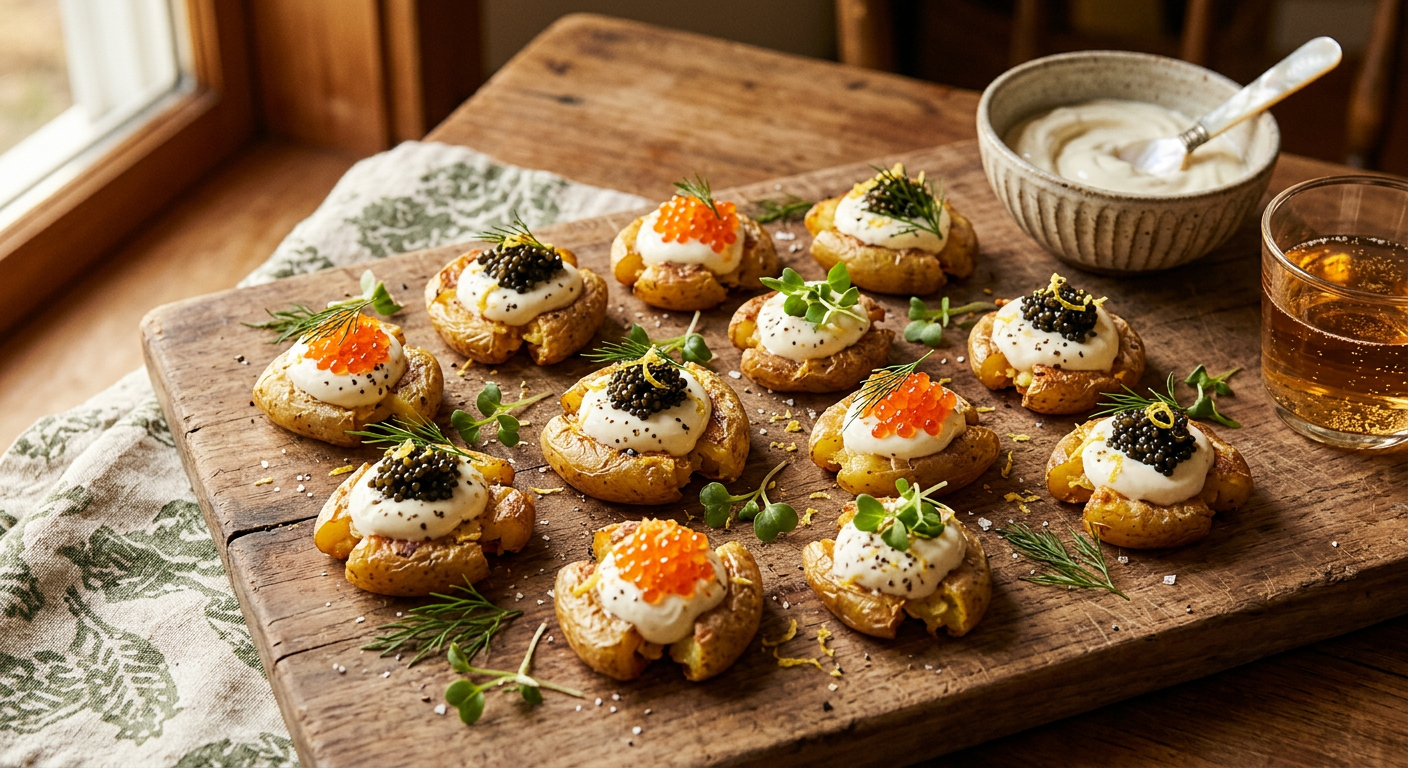 Crispy Smashed Fingerling Potato Bites with Caviar Crème